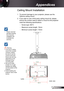 Page 51
5English

Appendices

	Please note that damage resulting from incorrect installation will invalidate the warranty.
Ceiling Mount Installation
.  To prevent damage to your projector, please use the 
Optoma ceiling mount.
2.  If you wish to use a third party ceiling mount kit, please 
ensure the screws used to attach a mount to the projector 
meet the following specifications:
  Screw type: M3*3
  Maximum screw length: 0mm
   Minimum screw length: 7.5mm
 Warning: . If you buy a...