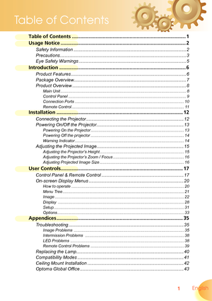 Page 1
Table of Contents ........................................................................\
.........1
Usage Notice ........................................................................\
.................2
Safety Information  ........................................................................\
.................2
Precautions........................................................................\
............................3
Eye Safety Warnings...