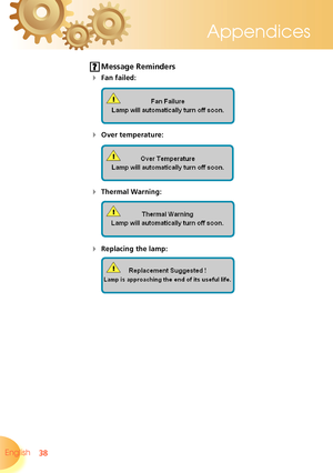 Page 38
38English 
Appendices

 Message Reminders
 Fan failed:
 
 Over temperature:
 
 Thermal Warning:
 
 Replacing the lamp:
   