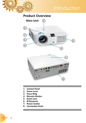 Page 8
8English 
Introduction

1. Control Panel
2. Zoom Lever
3. Focus Ring
4. Elevator Button
5. Zoom Lens
6. IR Receivers
7. Power Socket
8. Connection Ports
Main Unit
Product Overview
1
3
5
6
1
4
2
8
7  