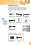 Page 7
7 English
Introduction

Power Cord 1.8m
IR Remote Controller
Package Overview
This projector comes with all the items shown 
below.  Check to make sure your unit is complete.  
Contact your dealer immediately if anything is 
missing.
Documentation : 
	User’s Manaul
	Warranty Card
	Quick Start Card
	Due to the difference in applica-tions for each country, some regions may have differ-ent accessories.
2 x AAA Batteries
Projector with lens capComposite Video Cable 1.8m 
S-Video Cable 1.8m 
RCA...