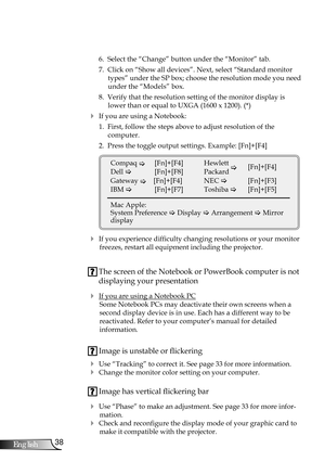 Page 38
38English

Appendices

 6.  Select the “Change” button under the “Monitor” tab.
 7.  Click on “Show all devices”. Next, select “Standard monitor 
types” under the SP box; choose the resolution mode you need 
under the “Models” box. 
 8.  Verify that the resolution setting of the monitor display is 
lower than or equal to UXGA (1600 x 1200). (*)
 If you are using a Notebook:
 1.  First, follow the steps above to adjust resolution of the  
computer.
 2.  Press the toggle output settings. Example:...