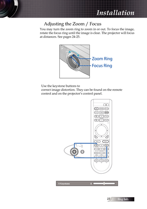 Page 23English
Adjusting the Zoom / Focus
You may turn the zoom ring to zoom in or out. To focus the image, 
rotate the focus ring until the image is clear. The projector will focus 
at distances. See pages 24-25.Use the keystone buttons to  
correct image distortion. They can be found on the remote  
control and on the projector’s control panel.
P g P g
F o r m a t
H D M I
S o u r c eC o m p o n e n t
D IV B N C V G A - 1
V G A - 2
S - Vi d e oVi d e o
E n t e r
M e n u
I P mo d u l e
D i s p l a y...