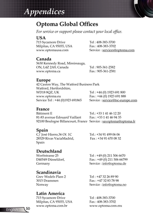 Page 50
50English

Appendices

Optoma Global Offices
For	service	or	support	please	contact	your	local	office.
USA
715 Sycamore Drive  Tel : 408-383-3700
Milpitas, CA 95035, USA   Fax : 408-383-3702 
www.optomausa.com  Service : 
services@optoma.com
Canada
5630 Kennedy Road, Mississauga, 
ON, L4Z 2A9, Canada  Tel : 905-361-2582
www.optoma.ca  Fax : 905-361-2581
 
Europe
42 Caxton Way, The Watford Business Park 
Watford, Hertfordshire,  
WD18 8QZ, UK Tel : +44 (0) 1923 691 800
www.optoma.eu   Fax : +44 (0) 1923...