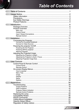 Page 1
English

Table of Contents ........................................................................\
...........
Usage Notice  ........................................................................\
..................2
Safety Information  ........................................................................\
.................2Precautions........................................................................\
............................3Eye Safety Warnings...