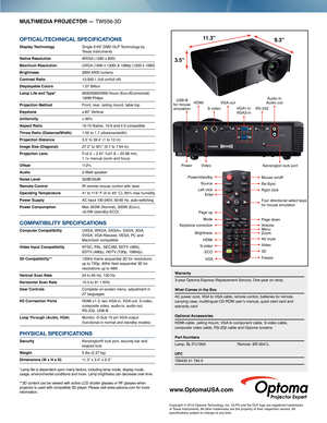 Page 2MulTIMEDIa  PROjECTOR — TW556-3D
OPTICAL/TeChnICAL sPeCIfICATIOns
Display Technology  Single 0.65” DMD DLP Technology by  
  Texas Instruments
Native Resolution   WXGA (1280 x 800)
Maximum Resolution   UXGA (1600 x 1200) & 1080p (1920 x 1080)
Brightness  2800 ANSI  lumens
Contrast Ratio  10,000:1 (full on/full off)
Displayable Colors  1.07 Billion
lamp life and Type*    
6500/5000/4500 Hours (Eco+/Eco/normal)   
190W Philips
Projection Method  Front, rear, ceiling mount, table top
Keystone  ± 40°...