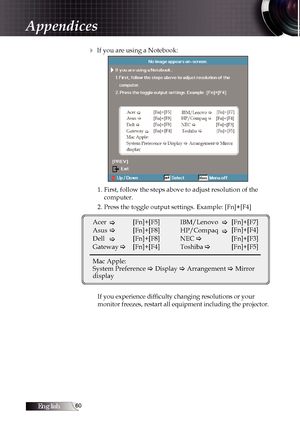 Page 60English0
4 If you are using a Notebook:
1. First, follow the steps above to adjust resolution of the  computer.
2. Press the toggle output settings. Example: [Fn]+[F4]
Acer  �   [Fn]+[F5]
Asus �   [Fn]+[F8]
Dell  �  [Fn]+[F8]
Gateway � 
  [Fn]+[F4]
Mac Apple: 
System Preference � Display � Arrangement � Mirror 
display IBM/Lenovo 
�[Fn]+[F7]
[Fn]+[F4]
HP/Compaq 
NEC � �
   [Fn]+[F3]
Toshiba  �   [Fn]+[F5]
If you experience difficulty changing resolutions or your   
monitor freezes, restart all...