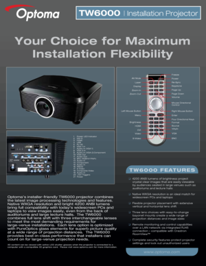 Page 1Optoma’s installer-friendly TW6000 projector combines 
the latest image processing technologies and features.  
Native WXGA resolution and bright 4200 ANSI lumens 
bring full compatibility with today’s widescreen PCs and 
laptops to view images easily, even from the back of 
auditoriums and large lecture halls.  The TW6000 
combines full lens shift with three interchangeable lenses 
to meet the most demanding requirements for 
large-venue installations.  Each lens option is optimized 
with PureOptics...