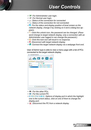 Page 6969English
User Controls
•  : For Administrator user login.
•  : For Normal user login.
•  : Status of the connection for connected
•  : Status of the connection for not connected.
•  : For the status and display position of local screen on the 
network display, change it by clicking on it and a dialog box ap-
pears.
•  : Click this unlock icon, the password can be changed. (Pass-
word change to target network display, only a connection with an 
Administrator user logged in can change the password.)
•  :...