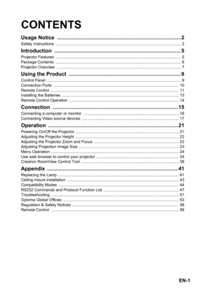 Page 1EN-1
CONTENTS
Usage Notice  ..................................................................................... 2
Safety Instructions  ................................................................................................................. 2
Introduction ....................................................................................... 5
Projector Features  ................................................................................................................. 5
Package Contents...