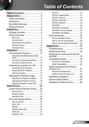 Page 11English
Table of Contents ............................1
Usage Notice ...................................2
Safety Information ...............................2
Precautions  .........................................3
Eye Safety Warnings  ..........................5
Product Features ................................5
Introduction ......................................6
Package Overview  ..............................6
Product Overview  ...............................7
Main Unit...