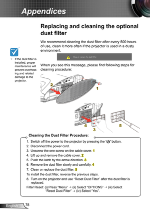 Page 7878English
Appendices
Replacing and cleaning the optional 
dust filter
We recommend cleaning the dust filter after every 500 hours 
of use, clean it more often if the projector is used in a dusty 
environment. 
 
When you see this message, please find following steps for 
cleaning procedure: 
	If the dust filter is installed, proper maintenance will prevent overheat-ing and related damage to the projector.
Cleaning the Dust Filter Procedure:
1. Switch off the power to the projector by pressing the “”...