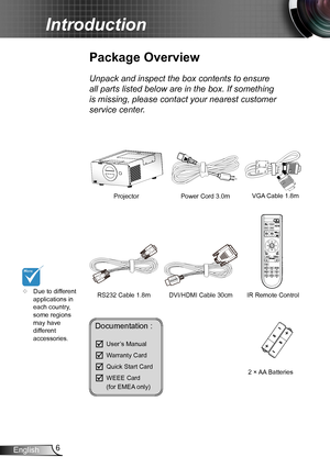 Page 66English
Introduction
Documentation : 
	User’s Manual
	Warranty Card
	Quick Start Card
	WEEE Card   (for EMEA only)
	Due to different applications in each country, some regions may have different accessories.
Power Cord 3.0m
Package Overview
Unpack and inspect the box contents to ensure 
all parts listed below are in the box. If something 
is missing, please contact your nearest customer 
service center.
2 × AA Batteries
ProjectorVGA Cable 1.8m
POWER
LAMP-1
LAMP-2TE MP
RS232 Cable 1.8mDVI/HDMI Cable...