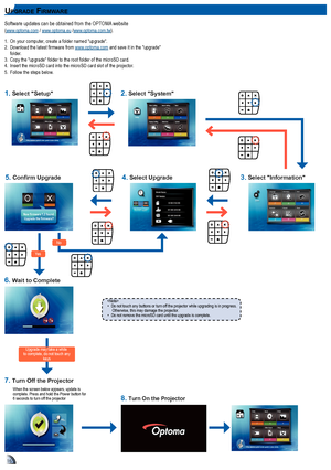 Page 161616
up g r aDe fIr m Wa r e
Video Music Photo
Input Office Viewer Setup
Press matched symbol to enter specific function directlyVideo SettingM usic SettingBack
Display Setting Slideshow System
Setup
New firm ware 1. 2 found.  
Upgrade the firm ware?
Software updates can be obtained from the OPTOMA website  (www.optoma.com / www.optoma.eu /www.optoma.com.tw).
1.  On your computer, create a folder named "upgrade".2. Download the latest firmware from www.optoma.com and save it in the...