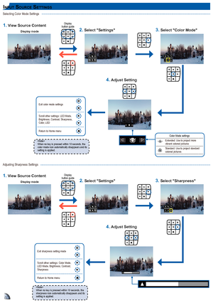 Page 222222
Selecting Color Mode Settings
Display mode
When no key is pressed within 10 seconds, the color mode icon automatically disappears and its setting is applied.
  
Exit color mode settings
Scroll other settings: LED Mode, Brightness, Contrast, Sharpness, Color, LED
Return to Home menu
In p u t So u r c e Se t tIn g S
Adjusting Sharpness Settings
Display mode
When no key is pressed within 10 seconds, the sharpness icon automatically disappears and its setting is applied.
  
Exit sharpness setting mode...