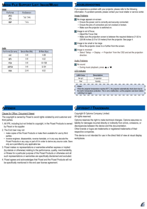 Page 272727
meD I a fIl e Su p p o r t lI S t: Im a g e/muS I c
ap p e n D Ix
Copyright © Optoma Company Limited. All rights reserved.
Optoma reserves the right to make technical changes. Optoma assumes no liability for damages incurred directly or indirectly from errors, omissions, or discrepancies between the device and this documentation.  Other brands or logos are trademarks or registered trademarks of their respective companies.
This device is not intended for use in the direct field of view at visual...