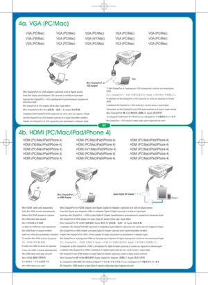 Page 44b. HDMI (PC/Mac/iPad/iPhone 4) 4a. VGA (PC/Mac)
PICTUR E BYmicro  S DDC inmini HDMImicro USB
A V
 in
PC
PIC TU RE B Ymic ro  S DDC inmini HDMImicro USB
A V
 in
MacMini  DisplayPort  to 
VGA Adapter
Mini DisplayPort to VGA adapter (optional) sold at Apple storesPorta Mini Display para Adaptador VGA (opcional) é vendida em lojas Apple
Адаптер Mini DisplayPort — VGA (приобретается дополнительно) продается в 
магазинах Apple
Mini DisplayPort till VGA-adapter (tillval) säljs i Apple affärer
Mini DisplayPort...