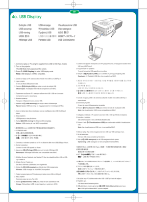 Page 54c. USB Display
or
PICTUR E B Ym icro  SDDC i nmini HDM Imic ro  U SB
A
V  in
1. Connect a laptop or PC using the supplied micro-USB to USB Type-A cable.
2. Turn on the projector.
The USB Mode menu appears on the screen.
3. Press 
 (USB Display) to enter USB display mode.
Note: USB Display is not Mac compatible.
1. Conecte um laptop ou PC usando o cabo ornecido micro-USB a um USB  Tipo A.
2. Ligue o projetor.
  O menu do Modo USB aparece na tela.
3. Pressione 
 (Exibição USB) paa entrar no modo de...