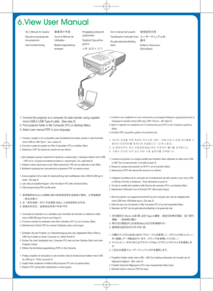 Page 76.View User Manual
Ver o Manual do Usuário
Просмотр руководства 
пользователя
Visa bruksanvisning查看用户手册
Ouvrir le Manuel de 
l'utilisateur
Bedienungsanleitung 
anzeigenPrzeglądaj podręcznik 
użytkownika
Προβολή Εγχειριδίου 
χρήστη
사용 설명서 보기 Ver el manual del usuario
Visualizzare il manuale d’uso
De gebruikershandleiding 
lezen
1.  
Connect the projector to a computer for data transfer using supplied 
micro-USB to USB Type-A cable.  (See step 5)
2. Find projector folder in My Computer (PC) or desktop...