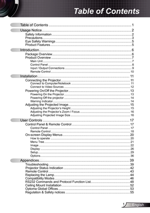 Page 1
English

Table of Contents ........................................................................\
...........
Usage Notice  ........................................................................\
..................2
Safety Information  ........................................................................\
.................2Precautions........................................................................\
............................3Eye Safety Warnings...