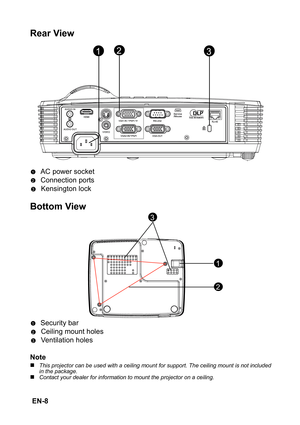 Page 8 EN-8
Rear View 
AC power socket
Connection ports 
Kensington lock
Bottom View
Security bar 
Ceiling mount holes
Ventilation holes
Note
„This projector can be used with a ceiling mount for support. The ceiling mount is not included
in the package.
„Contact your dealer for information to mount the projector on a ceiling.
123
1
2
23
3
1
2
1
22
3 