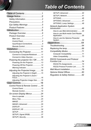 Page 11English
Table of Contents ............................1
Usage Notice ...................................2
Safety Information ...............................2
Precautions  .........................................3
Eye Safety Warnings  ..........................5
Product Features ................................5
Introduction ......................................6
Package Overview  ..............................6
Product Overview  ...............................7
Main Unit...