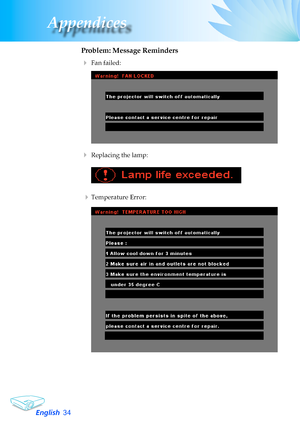 Page 34
English3
Appendices

Problem: Message Reminders
	Fan	failed:	
	Replacing	the	lamp:		
	
		Temperature	Error:		   