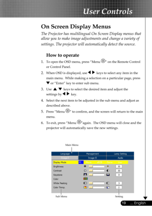 Page 19
19... English

User Controls

The Projector has multilingual On Screen Display menus that 
allow you to make image adjustments and change a variety of 
settings. The projector will automatically detect the source. 
How to operate 
1.  To open the OSD menu, press “Menu ” on the Remote Control  
  or Control Panel.
2. When OSD is displayed, use     keys to select any item in the  
  main menu.  While making a selection on a particular page, press  
  or “Enter” key to enter sub menu.
3. Use      keys to...