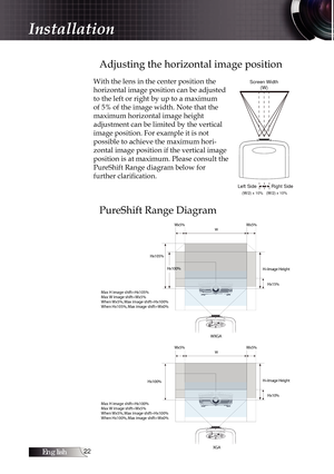 Page 22English
Adjusting the horizontal image position
With the lens in the center position the 
horizontal image position can be adjusted 
to the left or right by up to a maximum 
of 5% of the image width. Note that the 
maximum horizontal image height  
adjustment can be limited by the vertical 
image position. For example it is not  
possible to achieve the maximum hori-
zontal image position if the vertical image 
position is at maximum. Please consult the 
PureShift Range diagram below for...