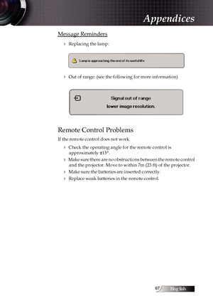 Page 67English
Message Reminders4
 Replacing the lamp:
4 Out of range: (see the following for more information)
Remote Control Problems
If the remote control does not work
4 Check the operating angle for the remote control is  approximately ±15°.
4 Make sure there are no obstructions between the remote control and the projector. Move to within 7m (23 ft) of the projector.
4 Make sure the batteries are inserted correctly.
4 Replace weak batteries in the remote control.
Appendices 