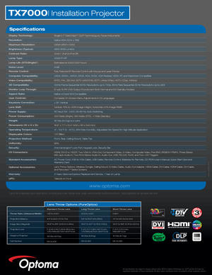 Page 2TX7000| Installation Projector
All Specifications are subject to change without notice. ©2010 Optoma Technology, Inc. DLP® and the DLP logo are 
registered trademarks of Texas Instraments. All other names mentioned herein are property of their respective owners.
Lens Throw Options (PureOptics)
Standard Throw Lens
1.60 to 2.00:1 
4.9’ to 23.0’ (1.5 to 7m)
36.8” to 216” (0.93 to 5.49m)
F=2.46-2.56, f=22.8-28.5 mm, 
1.25x Manual Zoom and Focus
18.9 lbs (8.6 kg)
BX-DL200 Long Throw Lens
2.03 to 3.05:1
6.6’...