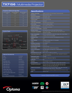 Page 2TX7156 | Multimedia Projector
All Specifications are subject to change without notice. ©2009 Optoma Technology, Inc. DLP® and the DLP logo are 
registered trademarks of Texas Instraments. All other names mentioned herein are property of their respective owners.
Data-TX7156-001-0509
Optional Accessories
Lamp:
Remote:
Mount:
VGA Cable (1.8m):
HDMI Cable (7.5m):
HDMI Cable (5m):
Power Cord (1m):
Power Cord (2m):
S-Video Cable (1.8m):
Composite Cable (1.8m):
VGA to Component Cable (1.8m):
Carrying Case:
84...