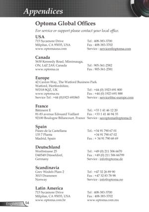 Page 54
54English

Appendices

Optoma Global Offices
For	service	or	support	please	contact	your	local	office.
USA
715 Sycamore Drive  Tel : 408-383-3700
Milpitas, CA 95035, USA   Fax : 408-383-3702 
www.optomausa.com  Service : 
services@optoma.com
Canada
5630 Kennedy Road, Mississauga, 
ON, L4Z 2A9, Canada  Tel : 905-361-2582
www.optoma.ca  Fax : 905-361-2581
 
Europe
42 Caxton Way, The Watford Business Park 
Watford, Hertfordshire,  
WD18 8QZ, UK Tel : +44 (0) 1923 691 800
www.optoma.eu   Fax : +44 (0) 1923...