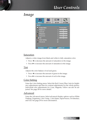 Page 27English
Image
Saturation
Adjusts a video image from black and white to fully saturation color.
4 Press ◄ to decrease the amount of saturation in the image.
4 Press ► to increase the amount of saturation in the image.
Tint
Adjusts the color balance of red and green.
4 Press ◄ to increase the amount of green in the image.
4 Press ► to increase the amount of red in the image.
Color Setting
Enter the Color Setting menu. Select the Red/Green/Blue Gain for bright-
ness adjustments and Bias for...