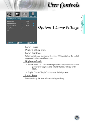 Page 43
English


User Controls

	 Lamp	Hours
Display	total	lamp	hours.
	 Lamp	Reminder
When	turned	on,	a	message	will	appear	30	hours	before	the	end	of	
suggested	replacement	lamp	hour.
	 Brightness	Mode
	STD:  Choose “STD” to dim the projector lamp which will lower 
power	consumption	and	extend	the	lamp	life	by	up	to	
130%.
Bright: Choose “Bright” to increase the brightness.
	 Lamp	Reset
Reset	the	lamp	life	hour	after	replacing	the	lamp.
	
Options | Lamp Settings       