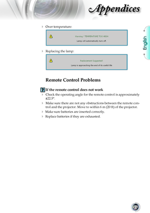 Page 49
English


Appendices

	Over temperature: 
	
	Replacing the lamp: 
		
Remote Control Problems
 If the remote control does not work
	 Check	the	operating	angle	for	the	remote	control	is	approximately	
±22.5°.
	 Make	sure	there	are	not	any	obstructions	between	the	remote	con-
trol and the projector. Move to within 6 m (20 ft) of the projector.
	Make	sure	batteries	are	inserted	correctly.
	Replace	batteries	if	they	are	exhausted.       