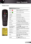 Page 19
9English

 User Controls

Remote Control
Using the Remote Control
Power  
Refer to the “Power On/Off the Projector” 
section on pages 4-5.
Laser   Press to use laser pointer.
L ButtonMouse left click.
R ButtonMouse right click.
Page +Use this button to page up.
Page -Use this button to page down.
Enter/Help Confi rm your item selection.
 ?   Help Menu (refer to page 2). 
SourcePress “Source” to select an input signal.
Re-SYNC Automatically synchronizes the projector to 
the input...