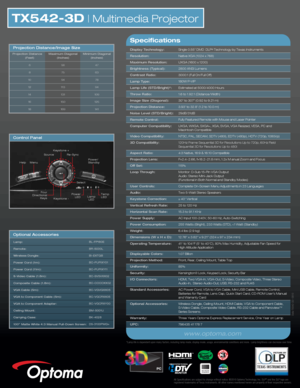 Page 2TX542-3D | Multimedia Projector
All Specifications are subject to change without notice. ©2010 Optoma Technology, Inc. DLP® and the DLP logo are 
registered trademarks of Texas Instraments. All other names mentioned herein are property of their respective owners.
Data-TX542-3D--0910
NO FILTER
REQUIRED
Lamp:
Remote:
Wireless Dongle:
Power Cord (1m):
Power Cord (11m):
S-Video Cable (1.8m):
Composite Cable (1.8m):
VGA Cable (5m):
VGA to Component Cable (5m):
VGA to Component Adapter:
Ceiling Mount:
Carrying...