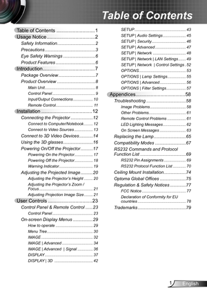 Page 11English
Table of Contents ............................1
Usage Notice ...................................2
Safety Information ...............................2
Precautions  .........................................3
Eye Safety Warnings  ..........................6
Product Features ................................6
Introduction ......................................7
Package Overview  ..............................7
Product Overview  ...............................8
Main Unit...