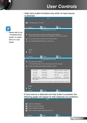 Page 2727English
User Controls
™	Please refer to the 
“Troubleshooting” 
section on pages 
58-61 for more 
details.
 Help menu button functions only when no input source 
is detected.
 If input source is detected and help button is pressed, the 
following pages will appear to help diagnose any problems. 