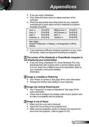 Page 5959English
Appendices
If you are using a Notebook: `
First, follow the steps above to adjust resolution of the  1. 
computer.
Press the appropriate keys listed below for your notebook 2. 
manufacturer to send signal out from notebook to projector. 
Example: [Fn]+[F4]
Acer   
[Fn]+[F5]
Asus    [Fn]+[F8]
Dell    [Fn]+[F8]
Gateway   
[Fn]+[F4]
Mac Apple: 
System Preference  Display  Arrangement   Mirror 
displayIBM/Lenovo   [Fn]+[F7]
HP/Compaq   [Fn]+[F4]
NEC     [Fn]+[F3]
Toshiba      [Fn]+[F5]...