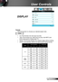 Page 3737English
User Controls
DISPLAY
Format
Use this function to choose your desired aspect ratio.
XGA
4:3: This format is for 4x3 input sources. `
16:9: This format is for 16x9 input sources, like HDTV and  `
DVD enhanced for Widescreen TV.
Native: This format displays the original image without scaling. `
AUTO: Automatically selects the appropriate display format.  `
Auto Input resolutionAuto/Scale
HVHV
4:3
6404801024768
8006001024768
10247681024768
128010241024768
160012001024768
Wide Laptop...