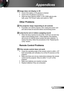 Page 6161English
Appendices
 Image does not display in 3D
Check if the battery of 3D glasses is drained. `
Check if the 3D glasses is turned on. `
When the input signal is HDMI 1.3 2D (1080i side-by-side  `
half), press “3D Format” button and switch to “SBS”.
Other Problems
 The projector stops responding to all controls
If possible, turn off the projector, then unplug the power cord  `
and wait at least 20 seconds before reconnecting power.
 Lamp burns out or makes a popping sound
When the lamp reaches its end...