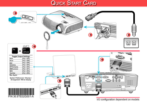 Page 1VGA2-IN / YPbPr
VGA-OUTVIDEOAUDIO-OUT
(VGA
 1)
AUDIO1-IN
RS-232C
USB
(VGA 2)
AUDIO2-INHDMI
RJ-45(VIDEO)
AUDIO3-IN
VGA1-IN / YPbPr /3D SYNC OUT(5V)
12V OUT
POWER
SOURCE
Qu i c k St a r t ca r d
Toggle Output SettingsAcer [Fn] + [F5]Asus[Fn] + [F8]Dell[Fn] + [F8]Gateway[Fn] + [F4]HP/Compaq[Fn] + [F4]IBM/Lenovo[Fn] + [F7]NEC[Fn] + [F3]Toshiba[Fn] + [F5]Mac Apple :
System PreferencesDisplay ArrangementMirror display
F7CRT/LCDFn
6
+
5
*36.8TE02G001-A*P/N 36.8TE02G001-A
2
?
POWER
VGA2-IN / YPbPr
VGA-OUT...