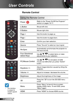 Page 2222English
User Controls
Remote Control
Using the Remote Control
Power  
Refer to the “Power On/Off the Projector” 
section on pages 16-17.
L ButtonMouse left click.
R ButtonMouse right click.
Page +Use this button to page up.
Page -Use this button to page down.
EnterConfirm your item selection.
SourcePress “Source” to select an input signal.
Re-Sync Automatically synchronizes the projector to 
the input source.
Four Directional 
Select KeysUse     to select items or make 
adjustments to your selection....