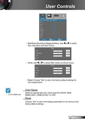 Page 3333English
User Controls
   Red/Green/Blue/Cyan/Magenta/Yellow: Use  or  to select 
Hue, Saturation and Gain Colors.
   White: Use  or  to select Red, Green and Blue Colors.
   Reset: Choose “Yes” to return the factory default settings for 
color adjustments.
  Color Space
Select an appropriate color matrix type from AUTO, RGB, 
RGB(0-255)(*), RGB(16-235)(*) or YUV.
 Reset
Choose “Yes” to return the display parameters on all menus to the 
factory default settings.
	(*) For HDMI only.     