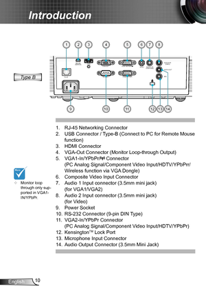 Page 1010English
Introduction
RJ-45MOUSE
(SERVICE)HDMI
VGA-OUT
RS-232C VGA2-IN/YPbPr
VGA1-IN/YPbPr/VIDEO
AUDIO1-IN(VGA1/VGA2)
AUDIO2-IN(VIDEO)
AUDIO-OUT
MIC
4312857
11
	Monitor loop through only sup-ported in VGA1-IN/YPbPr. 
RJ-45 Networking Connector1. 
USB Connector / Type-B (Connect to PC for Remote Mouse 2. 
function)
HDMI Connector3. 
VGA-Out Connector (Monitor Loop-through Output)4. 
VGA1-In/YPbPr/5.  Connector  
(PC Analog Signal/Component Video Input/HDTV/YPbPrr/
Wireless function via VGA Dongle)...