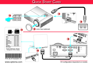 Page 3RJ-45MOUSE
(SERVICE)HDMI
VGA-OUT
RS-232C VGA2-IN/YPbPr
VGA1-IN/YPbPr/VIDEO
AUDIO1-IN(VGA1/VGA2)AUDIO2-IN(VIDEO)AUDIO-OUT
MIC
Qu i c k St a r t ca r d
*36.8TV02G001-A*P/N 36.8TV02G001-A
I/O configuration dependent on models
2
3
Toggle Output SettingsAcer [Fn] + [F5]Asus[Fn] + [F8]Dell[Fn] + [F8]Gateway[Fn] + [F4]HP/Compaq[Fn] + [F4]IBM/Lenovo[Fn] + [F7]NEC[Fn] + [F3]Toshiba[Fn] + [F5]Mac Apple :
System PreferencesDisplay ArrangementMirror display
F7CR T/LCDFn+
7
6
5
/
/
4
www.optoma.com...