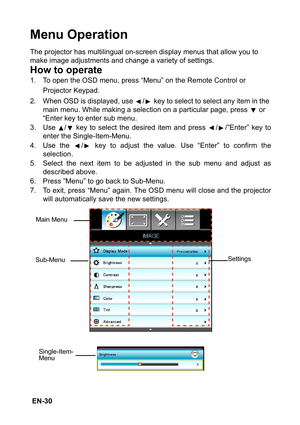 Page 30 EN-30
Menu Operation
The projector has multilingual on-screen display menus that allow you to 
make image adjustments and change a variety of settings.
How to operate
1. To open the OSD menu, press “Menu” on the Remote Control or 
Projector Keypad.
2. When OSD is displayed, use  /  key to select to select any item in the 
main menu. While making a selection on a particular page, press 
 or 
“Enter key to enter sub menu.
3. Use  /  key to select the desired item and press  / /”Enter” key to
enter the...