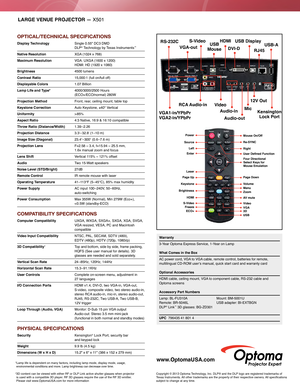 Page 2LARGE VENUE PROJECTOR — X501
www.OptomaUSA.com
Copyright © 2013 Optoma Technology, Inc. DLP® and the DLP logo are registered trademarks of 
Texas Instruments. All other trademarks are the property of their respective owners. All specifications 
subject to change at any time.
Warranty
3-Year Optoma Express Service, 1-Year on Lamp 
 
What Comes in the Box
  
AC power cord, VGA to VGA cable, remote control, batteries for remote, 
multilingual CD-ROM user’s manual, quick start card and warranty card\...